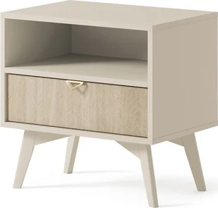 BETTSO Stolik nocny szafka nocna z szufladą i półką nowoczesny design złote uchwyty FIRR Piaskowy beż + wzór w jodełkę - Szafki nocne - miniaturka - grafika 1