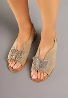 Sandały damskie - Ciemnobeżowe Sandały z Imitacji Zamszu z Ozdobną Aplikacją z Cyrkoniami Korevelia - miniaturka - grafika 1