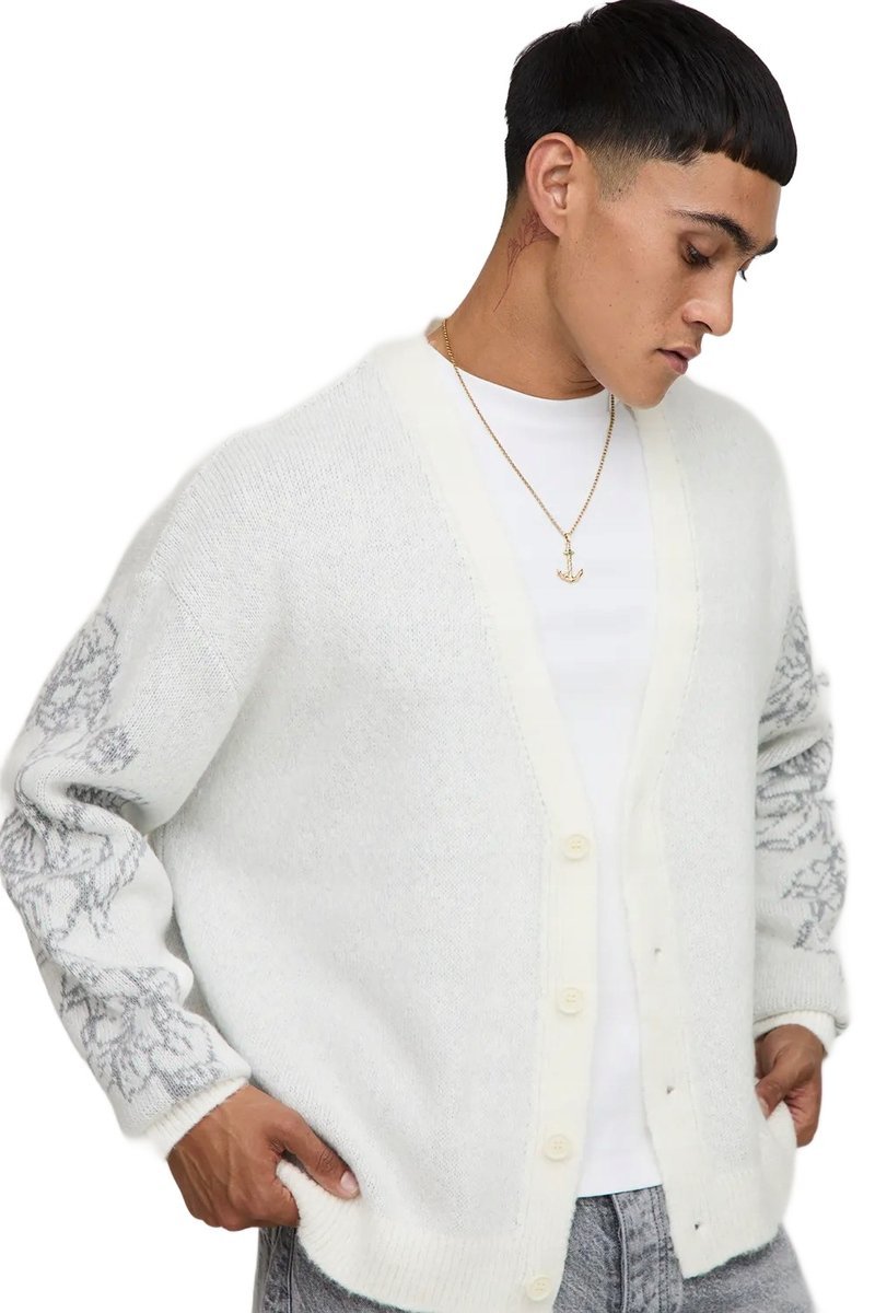 BOOHOOMAN MĘSKI SWETER ROZPINANY BIAŁY Z WZOREM NA RĘKAWACH L Z3A*