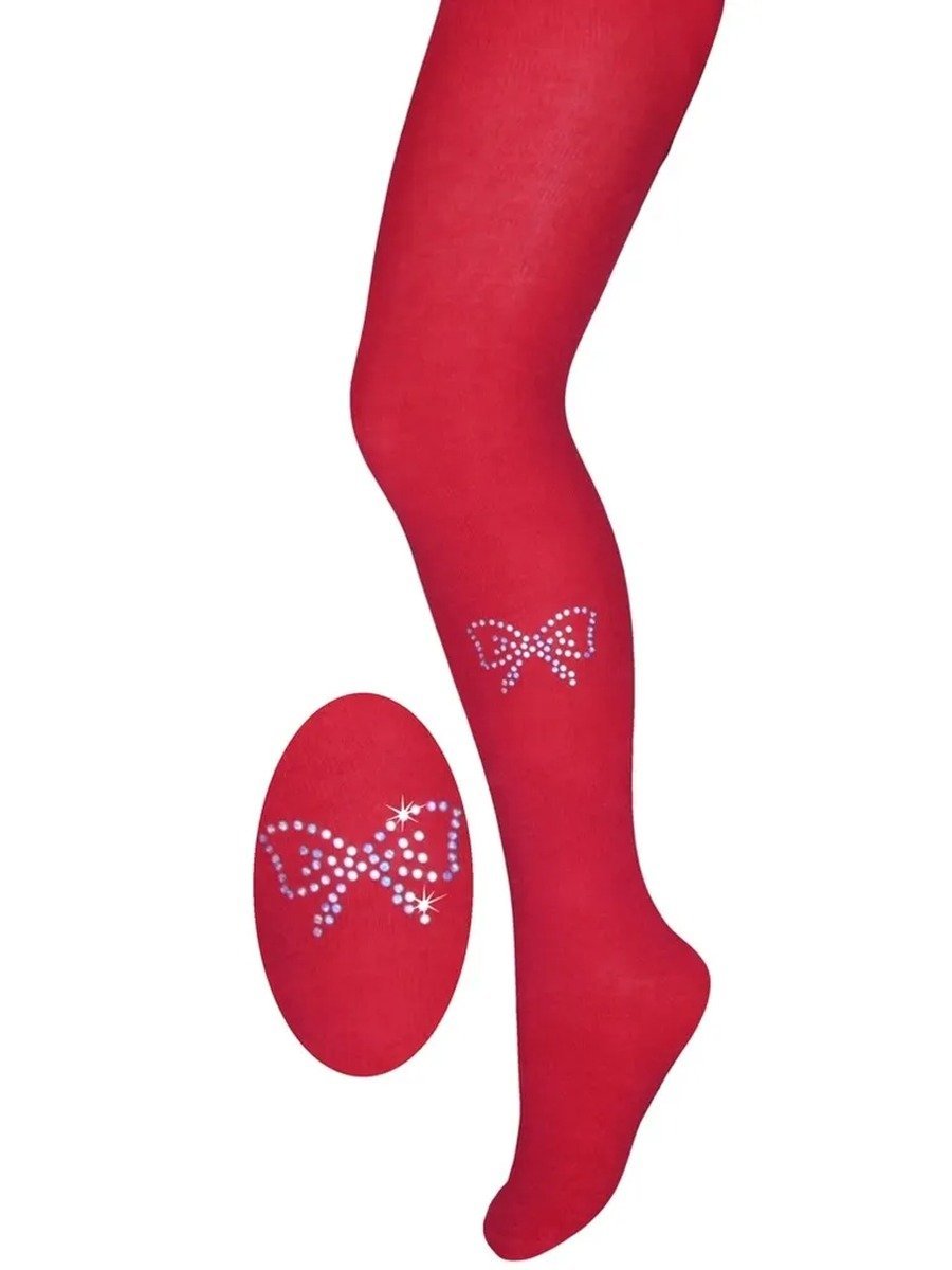 Dziewczęce rajstopy bawełniane kokardka z cyrkonii czerwone Milusie r.92/98