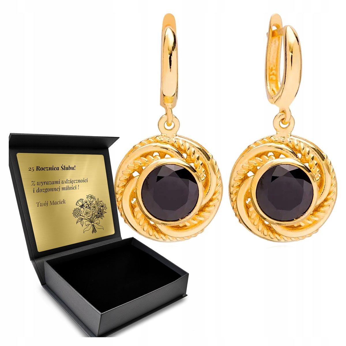 Kolczyki Złote Czarny Onyks Biżuteria Srebrna 925 Dla Kobiety Grawer