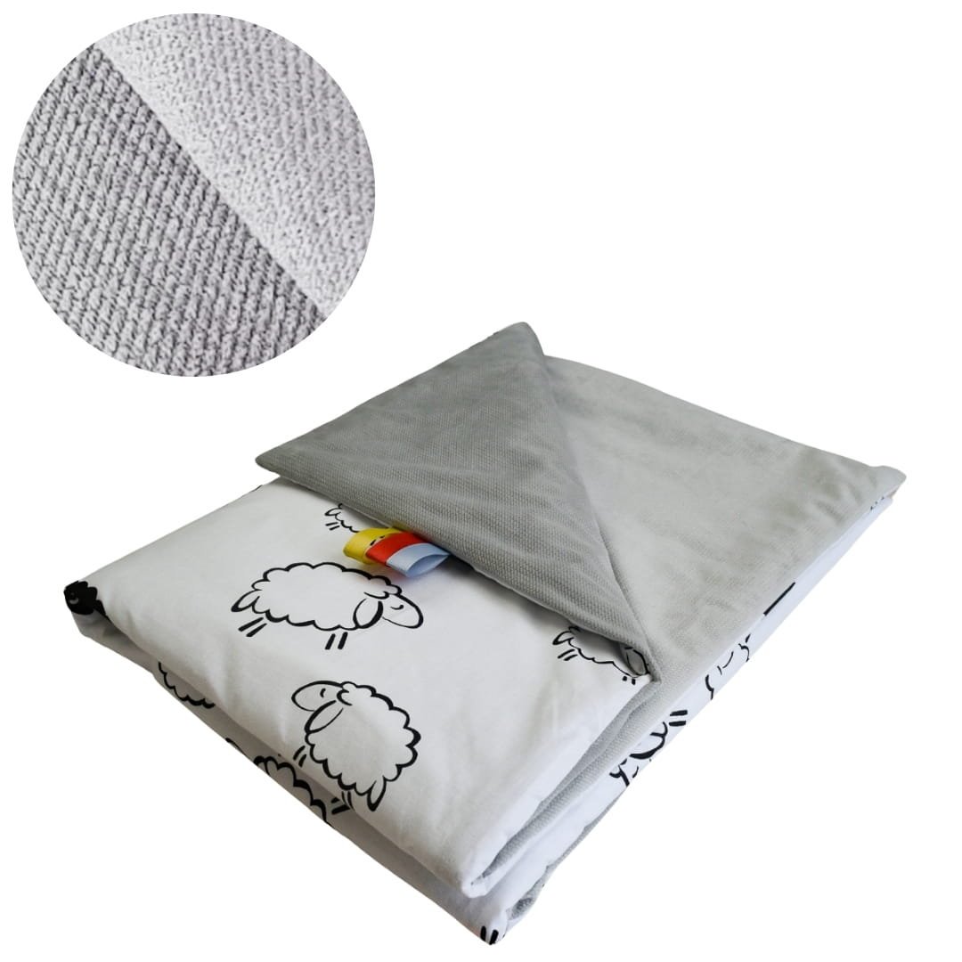 Kocyk Dziecięcy 75x100 Ocieplany Owieczki Biel/Szary Bawełna/Velvet Polski Producent