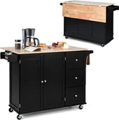 Wózki kuchenne - KOMFOTTEU Wózek kuchenny ze składanym blatem, drewniana wyspa kuchenna, wózek do serwowania z 3 szufladami, szafka kuchenna na kółkach, 136 x 43 x 91 cm - miniaturka - grafika 1