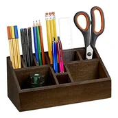 Długopisy - Relaxdays Pojemnik na długopisy, organizer na biurko z bambusa, z 10 przegródkami na długopisy i karteczki, półka, ciemnobrązowy, 100, wys. x szer. x gł.: ok. 10 x 23 x 10 cm - miniaturka - grafika 1