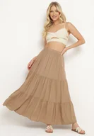 Spódnice - Ciemnobeżowa Rozkloszowana Spódnica z Wiskozy z Wysokim Stanem z Gumką w Pasie z Falbanką Prisella - miniaturka - grafika 1