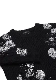 Swetry damskie - faina Damski sweter z okrągłym dekoltem z cekinami i kwiatowym wzorem, czarny, rozmiar XS/S, czarny, XL - grafika 1