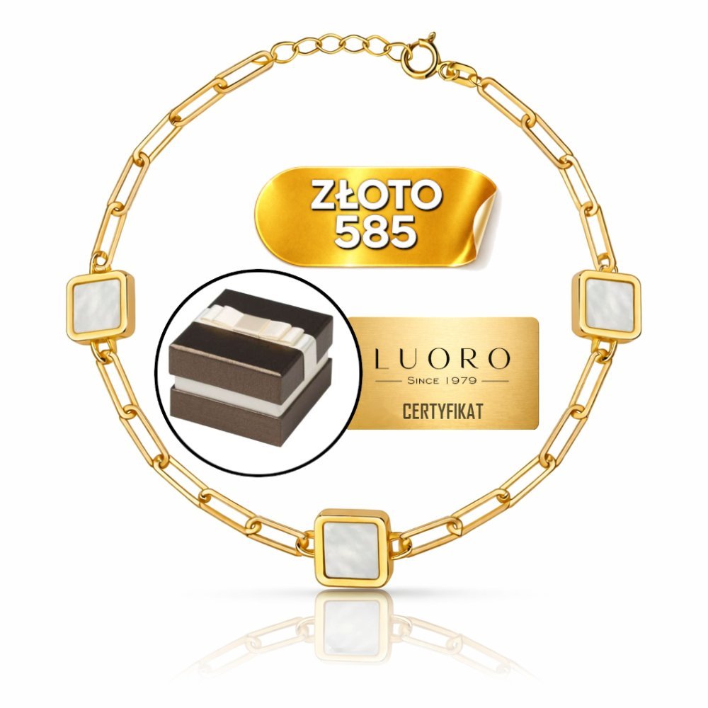 Bransoletka złota 585 14K długie ogniwa kwadraty z masą perłową 17 cm