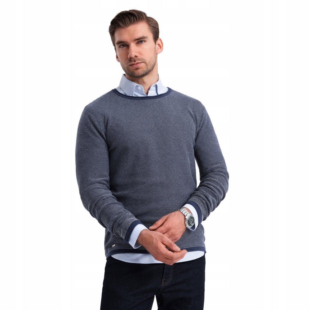 Męski dzianinowy sweter w strukturalne kropki granatowy V1 OM-SWSW-0118 S