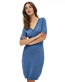 Sukienki - Minus Damska sukienka z dekoltem w serek dzianinowa, dżinsowa niebieska melanż, M - grafika 1