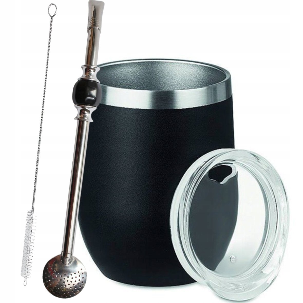 Zestaw Matero Stalowe Termiczne do Yerba Mate + Bombilla Kryształ - Czarna