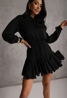 Sukienki - Czarna Sukienka z Wiskozą o Rozkloszowanym Kroju z Falbankami i Wiązaniem Meriianes - miniaturka - grafika 1