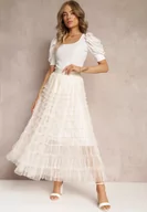 Spódnice - Beżowa Tiulowa Spódnica Maxi z Gumką w Pasie Oliviah - miniaturka - grafika 1