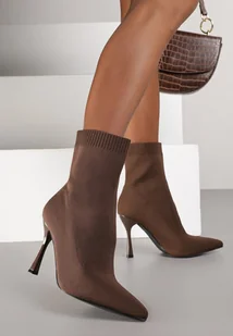 Brązowe Botki Vices na Szpilce ze Skarpetową Cholewką Nalumela - Botki damskie - miniaturka - grafika 1