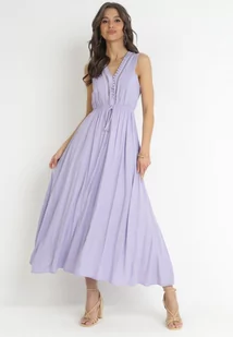 Fioletowa Wiskozowa Sukienka Maxi z Gumką w Pasie i Ozdobnym Dekoltem Nashira - Sukienki - miniaturka - grafika 1