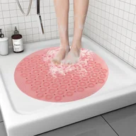 Maty antypoślizgowe - Mata antypoślizgowa pod prysznic 55x55cm okrągła mata łazienkowa z otworami odpływowymi i przyssawką, różowa - miniaturka - grafika 1