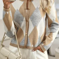 Swetry damskie - TEMU Elegancka Marynarka Damska w Rombowe Kolorowe Bloki – Okrągły Dekolt, Pranie Maszynowe, Odzież Wierzchnia na Jesień/Zimę, Idealna do Biura i - miniaturka - grafika 1