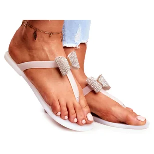 LU BOO Białe Damskie Klapki Japonki Meliski z Kokardką Cekiny Morello - Klapki i japonki damskie - miniaturka - grafika 1