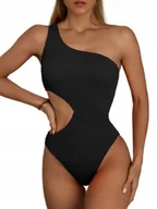 Stroje kąpielowe - JEDNOCZĘŚCIOWY STRÓJ KĄPIELOWY NA JEDNO RAMIĘ CZARNY Z WYCIĘCIAMI M - miniaturka - grafika 1
