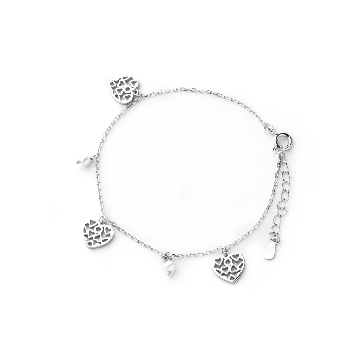 Srebrna bransoletka 925 Perła Ażurowe Serca