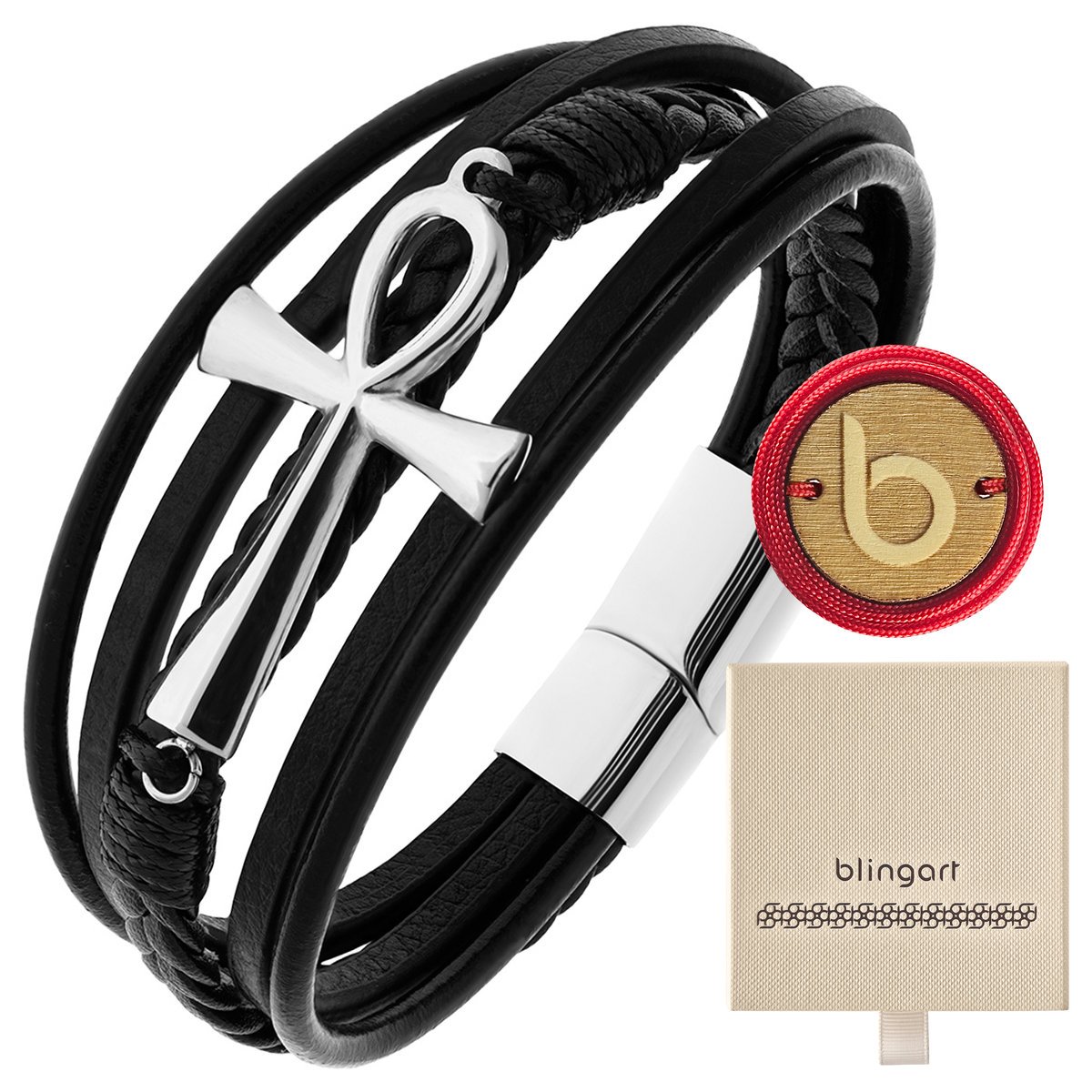 Bransoletka męska SKÓRZANA pleciona KRZYŻ EGIPSKI