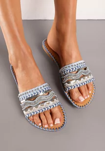 Niebieskie Klapki na Płaskiej Podeszwie w Stylu Boho z Koronką Nitami i Plecionym Sznurkiem Wykończone Imitacją Cyrkonii Bellemoon - Klapki i japonki damskie Niebieskie Klapki na Płaskiej Podeszwie w Stylu Boho z Koronką Nitami i Plecionym Sznurkiem Wykończone Imitacją Cyrkonii Bellemoon - Klapki i japonki damskie - miniaturka - grafika 1