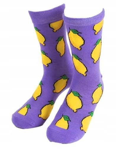 KOLOROWE SKARPETKI SKARPETY ŚMIESZNE WZORY FIOLETOWE CYTRYNY LEMON PREZENT