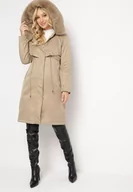 Kurtki damskie - Beżowa Kurtka za Kolano ze Ściągaczem i Kapturem z Futerkiem Adoresa - miniaturka - grafika 1