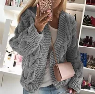 Swetry damskie - Modny ażurowy sweter damski w jednolitym kolorze - Szary - miniaturka - grafika 1