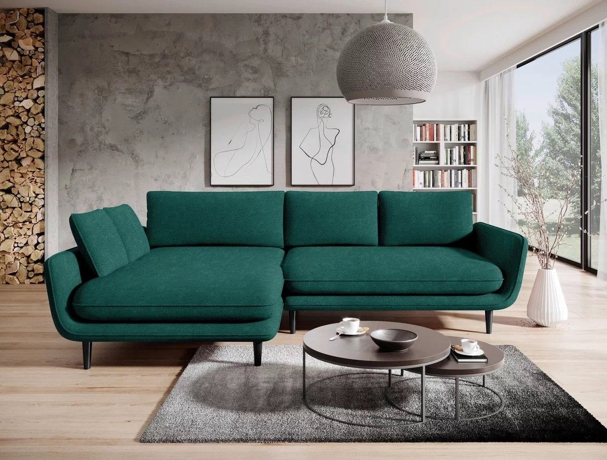 DOMO-HOME Narożnik z funkcją spania SOLANO - Elegancki skandynawski narożnik 260x167cm| Skrzynia na pościel i drewniane nóżki dla wygody i stylu Wysokiej jakości materiały Kolor ciemnozielony Lewy