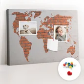 Tablice i flipcharty - Szkolna Tablica korkowa 60x40 cm, Kolorowe Pinezki, wzór Ceglana mapa świata - miniaturka - grafika 1