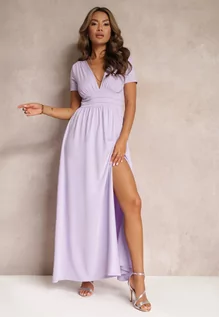 Sukienki - Fioletowa Sukienka Maxi z Rozkloszowanym Dołem i Rozcięciem Zarya - grafika 1