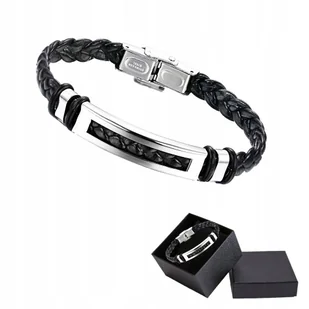 Bransoletka Męska Czarna Skórzana Pleciona Srebrna Stal Chirurgiczna 316L - Empik - Bransolety męskie - miniaturka - grafika 1