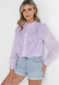 Koszule damskie - Fioletowa Koszula z Metaliczną Nitką i Falbanką Ruweyda - miniaturka - grafika 1