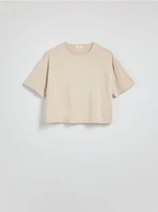 Reserved - Krótki t-shirt z modalem - beżowy - Koszulki i topy damskie - miniaturka - grafika 1