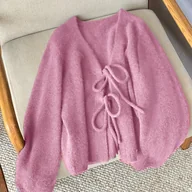 Swetry damskie - TEMU Elegancki damski kardigan z dekoltem w serek - Długi rękaw, zapinany na wiązanie z przodu, sweter w jednolitym kolorze na jesień/zimę, szykowny - miniaturka - grafika 1