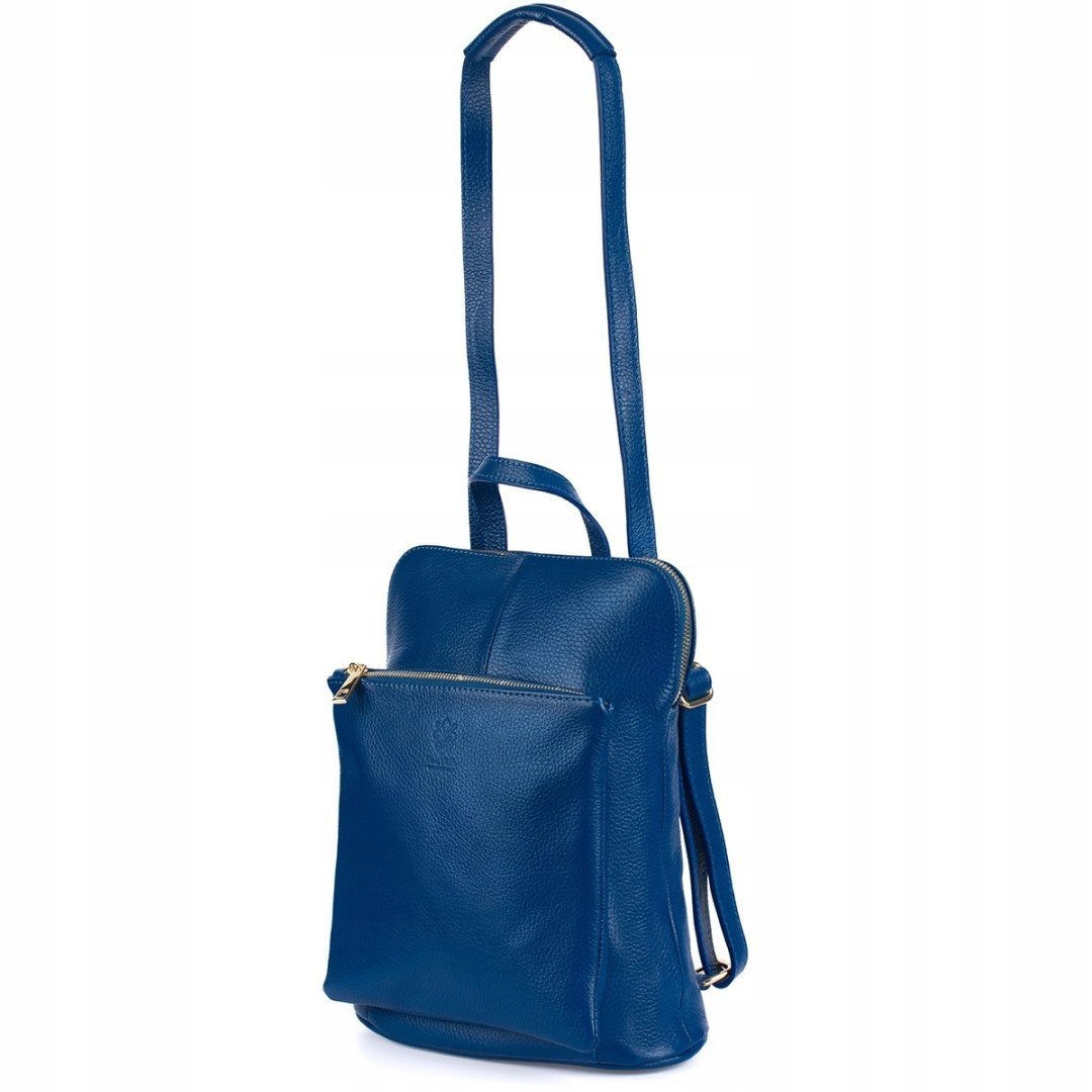Skórzany plecak damski torba 2w1 elegancki A4 włoski pojemny niebieski Vera