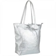 Torebki damskie - Torebka skórzana z zamkiem shopper srebrna XL - miniaturka - grafika 1