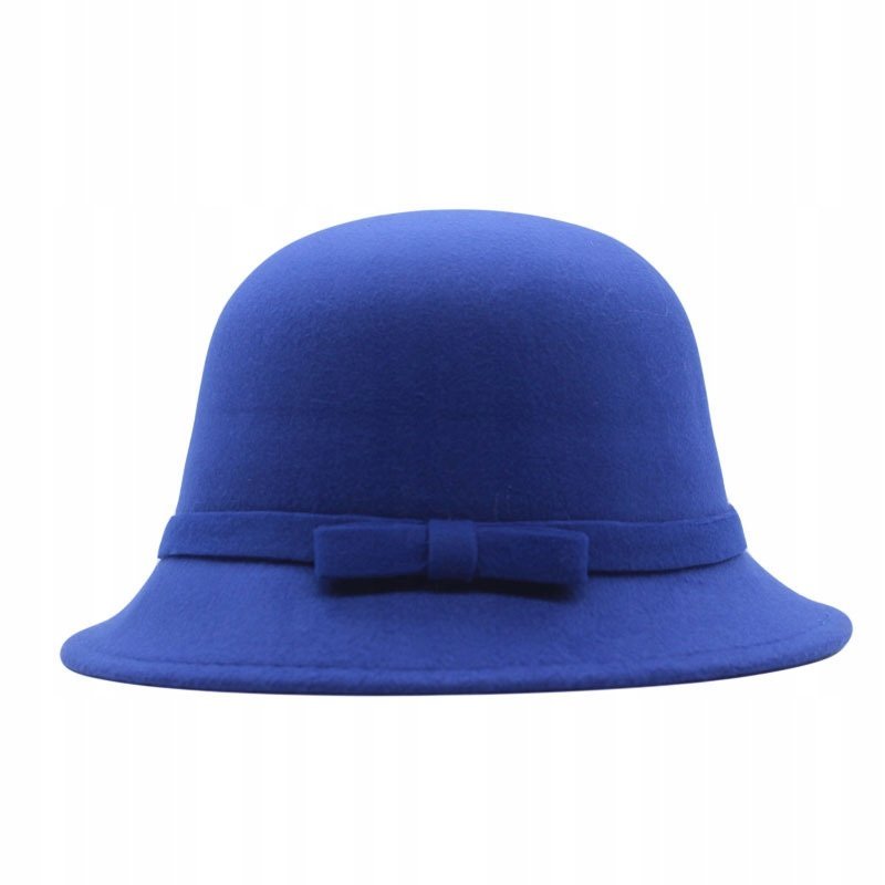 niebieski KAPELUSZ damski typu BUCKET elegancki CYLINDER do płaszcza