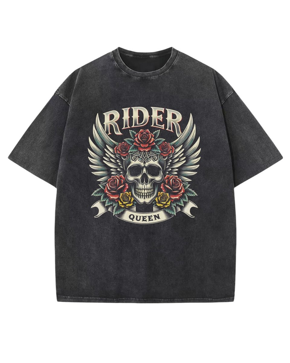 Koszulka oversize efekt sprania Królowa Czaszka Kwiaty czarny XXL