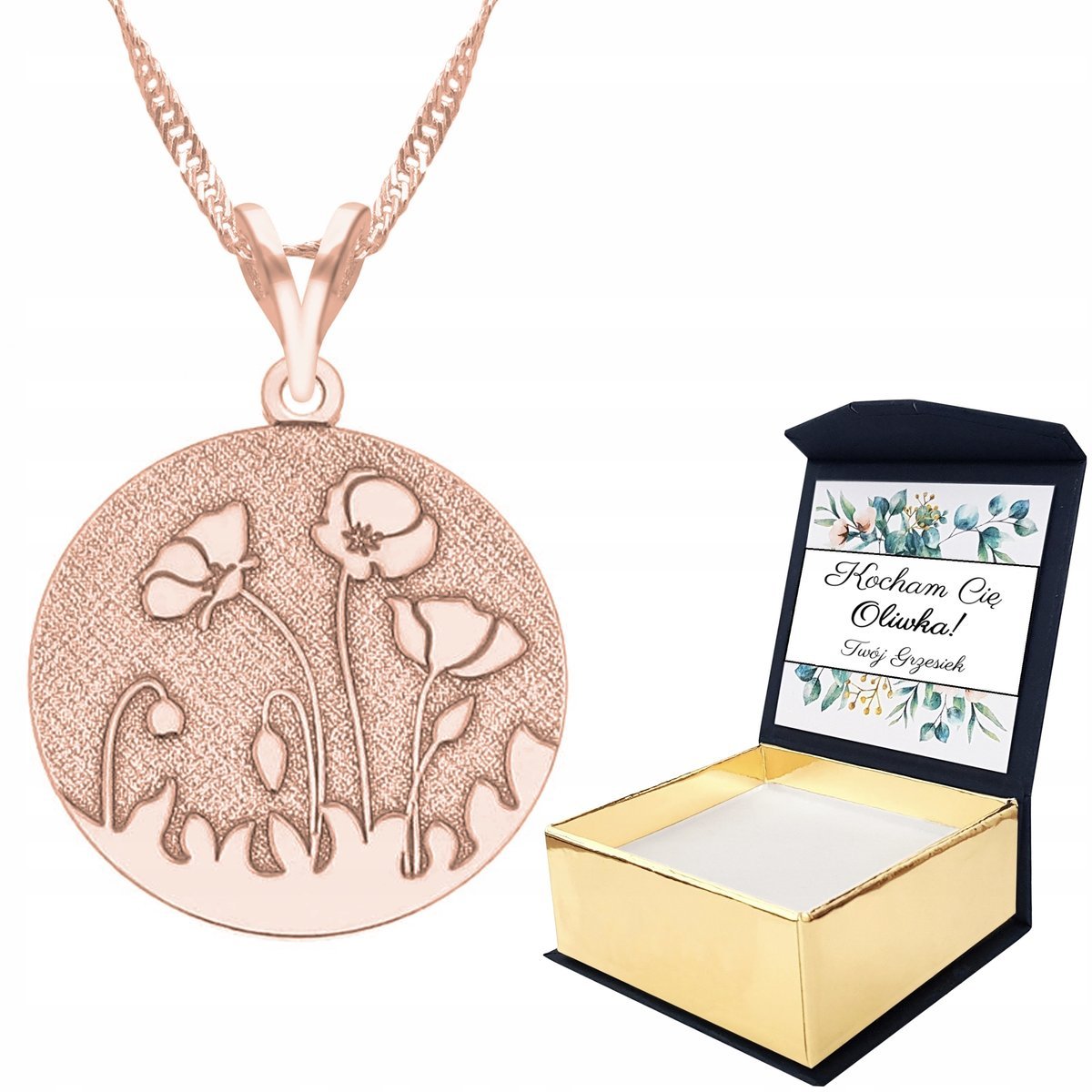 Naszyjnik różowe złoto Maki Kwiat + WŁASNY NADRUK
