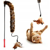 Zabawki dla kotów - Wędka dla Kota z Futrem i Piórkami Wytrzymała i Solidna Zabawka Wysoka Jakość 62cm - miniaturka - grafika 1