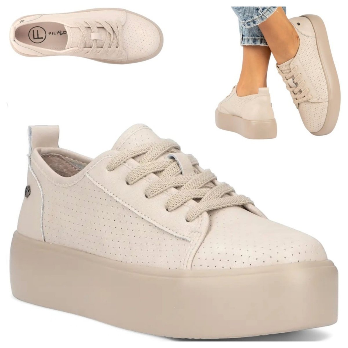 Półbuty Skórzane Damskie Wygodne Sneakersy na platformie Filippo Beżowe 41