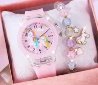Biżuteria dla dzieci - Zegarek + bransoletka dla dziewczynki podświetlany LED silikonowy różowy - miniaturka - grafika 1