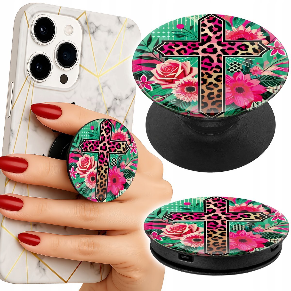 Uchwyt do telefonu Popsocket na palce/stojak KRZYŻ RÓŻA JEZUS