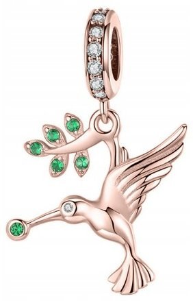 Charms Pozłacany Koliber Zielone Cyrkonie Wiszący z Kolibrem SREBRO 925