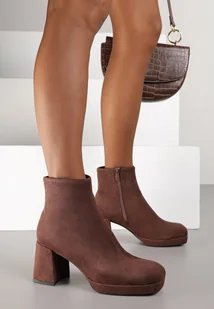 Brązowe Botki do Kostki Vices na Słupku z Imitacji Zamszu Dodvire - Botki damskie - miniaturka - grafika 1