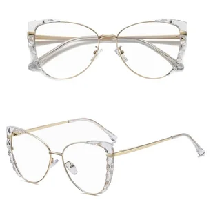 Damskie kocie okulary zerówki do komputera BLUE LIGHT z flexami 25136E bezbarwne/złote - Okulary korekcyjne, oprawki, szkła - miniaturka - grafika 1