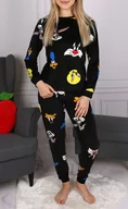 Piżamy damskie - Zwariowane Melodie Czarna Piżama Damska, Piżama Na Długi Rękaw, Dwuczęściowa, Ciepła, Przytulna - miniaturka - grafika 1