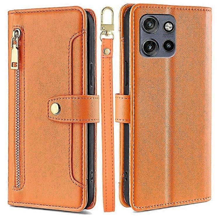 Dla Motorola Edge 50 Neo 5G / ThinkPhone 25 5G Skórzane etui Kieszeń na zamek błyskawiczny Portfel Pokrowiec na telefon z 2 paskami Pomarańczowy