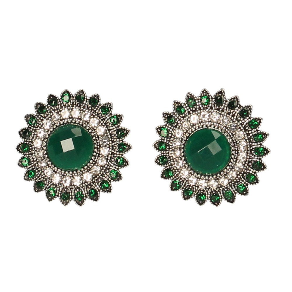 Klipsy do uszu srebrne zielone- retro okrągłe, vintage